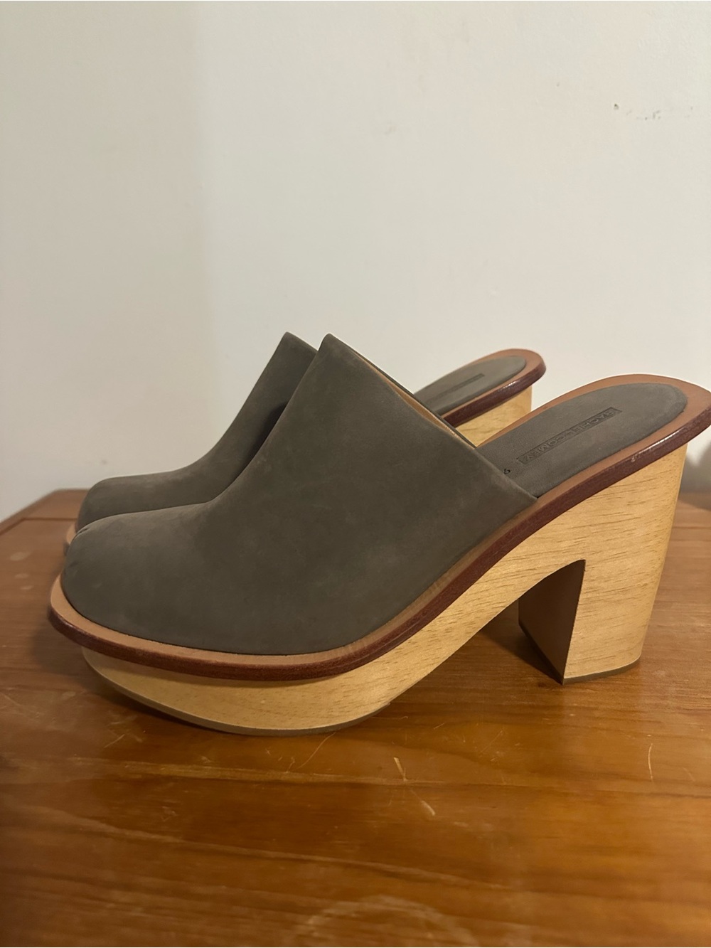Rachel Comey Platform Clogs / Mules • Size 9.5 • Gray Nubuck Leather • Wood Heel